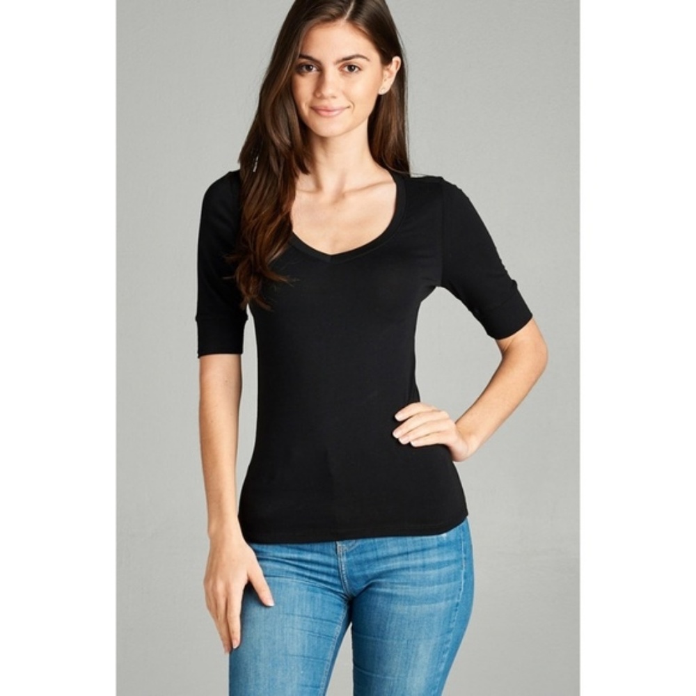 Basic Black V-Neck Elbow Sleeve Tee